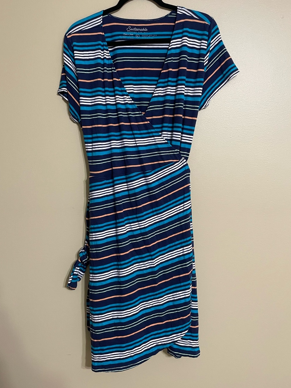 Pact tulip Wrap Dress, 100% organic cotton blue stripe size XL